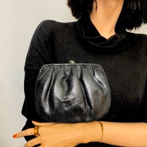 Black Vintage Snakeskin / Reptile and Rhinestone Clutch Purse